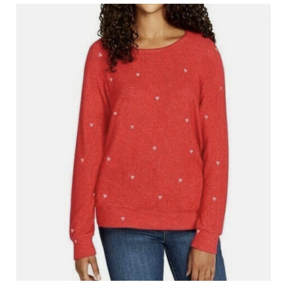 Red Heart Print Long Sleeve Crewneck Top Casual Pullover Small Cozy Comfort